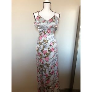 Rose Floral Cold Shoulder Satin Maxi Dress